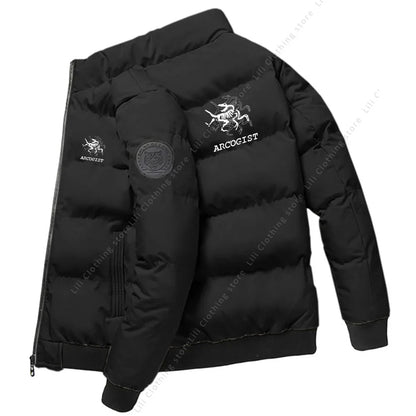 Men's black thick puffer parka with ARCOGIST logo on chest and crest patch on sleeve on Tampa Home & Garden Store