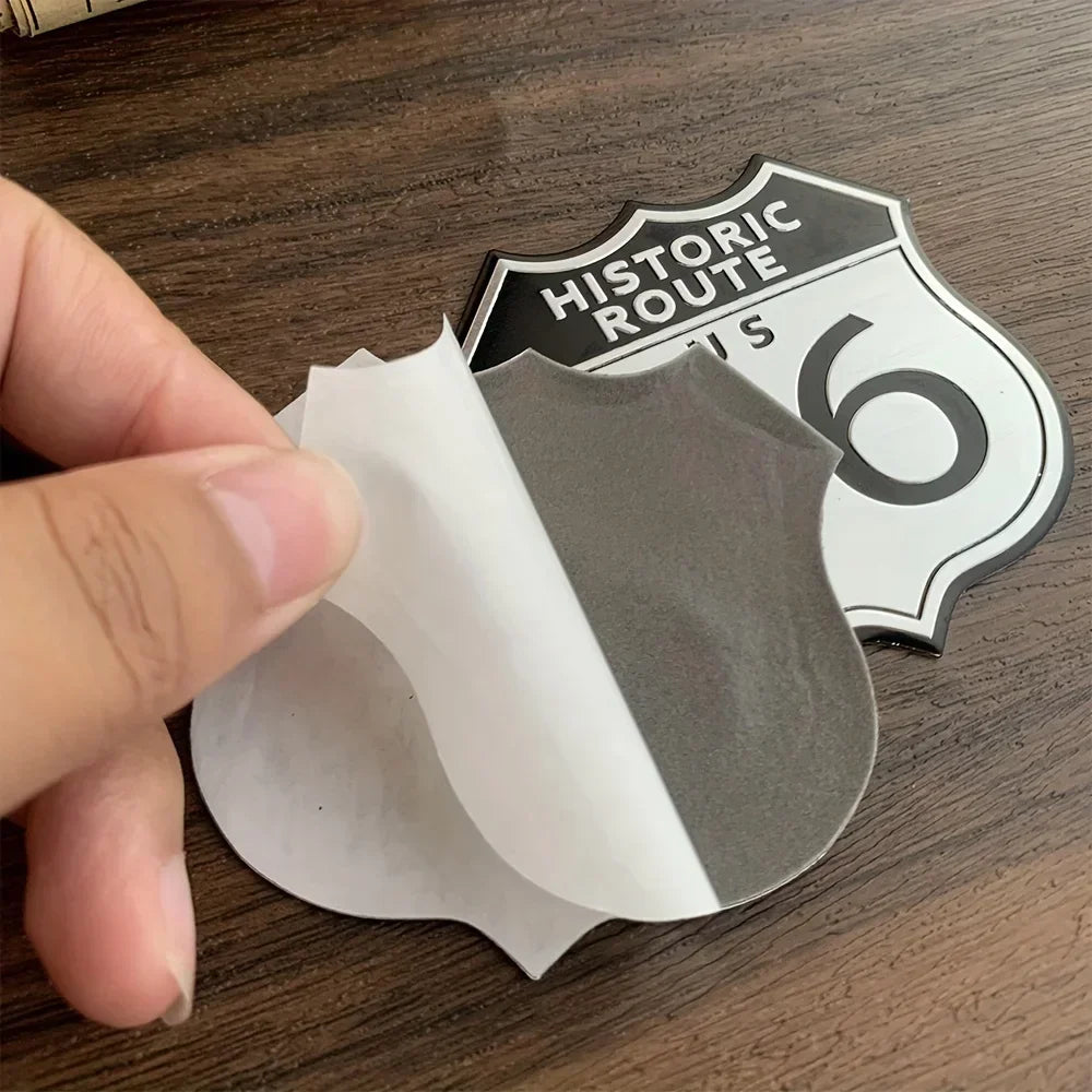 Aluminum 3D Route 66 Historic Shield sticker with peel-off backing, BikerZoneZ on Tampa Home & Garden Store