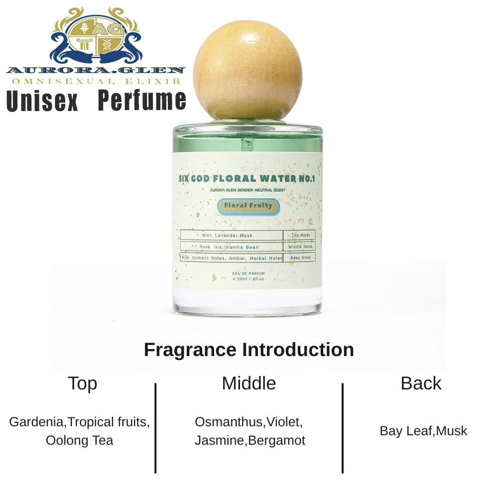 Unisex perfume bottle with round wooden cap and Six God Floral Water No.1 Floral Fruity label on Tampa Home & Garden Store