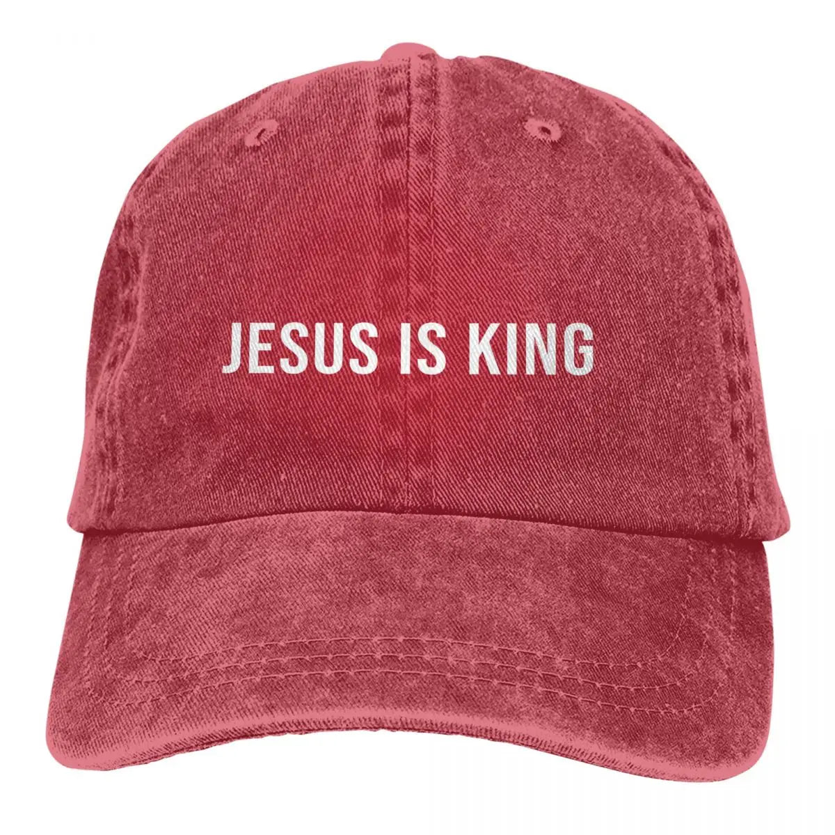 King Caps red distressed baseball hat with JESUS IS KING white text on Tampa Home & Garden Store