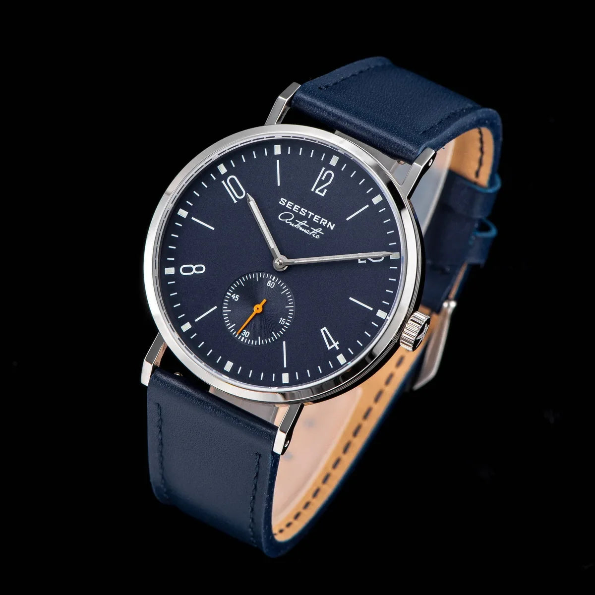 Men's ultra-thin automatic dress watch navy dial stainless steel case blue leather strap on Tampa Home & Garden Store