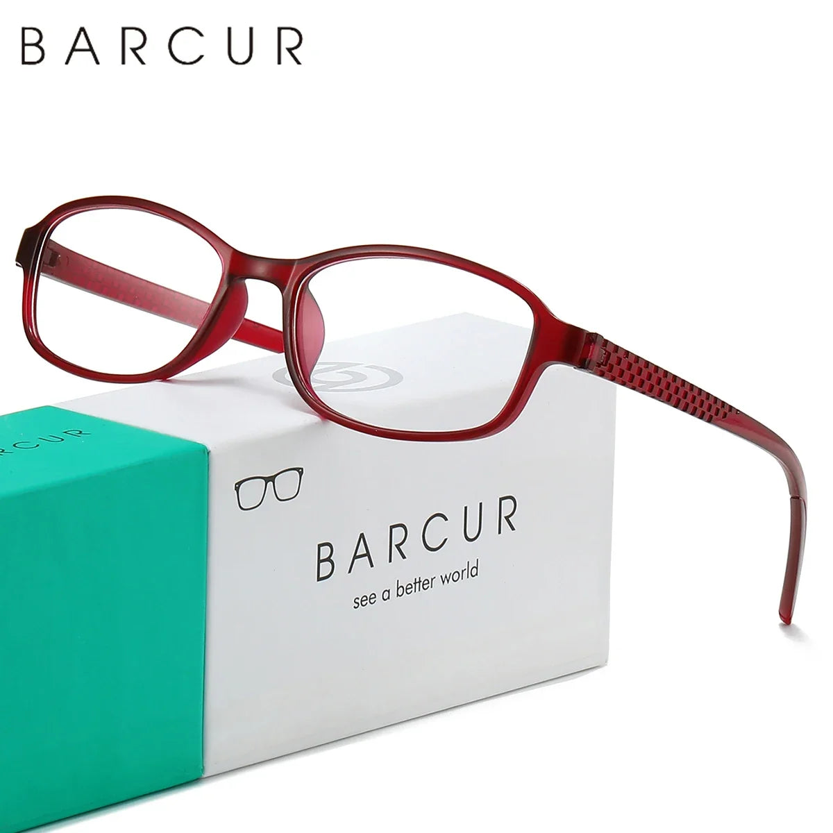 BARCUR reading glasses red translucent plastic frame with rectangular lenses and mirror legs on Tampa Home & Garden Store