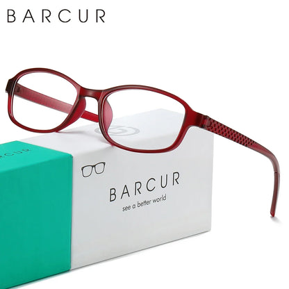 BARCUR reading glasses red translucent plastic frame with rectangular lenses and mirror legs on Tampa Home & Garden Store