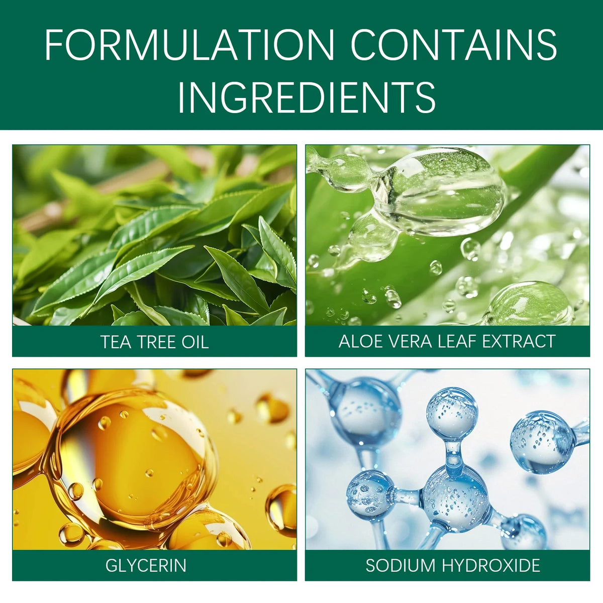 YURHERSU Foot Care by Silcy Skin ingredients collage: tea tree oil, aloe vera extract on Tampa Home & Garden Store