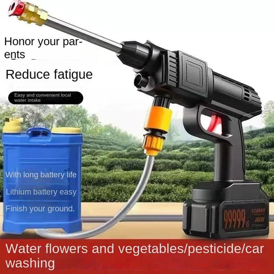 Portable high-pressure water gun with cordless battery and blue water tank in outdoor scene on Tampa Home & Garden Store
