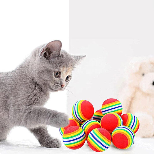 Cat Toy Interactive Rainbow Balls set with red centers; kitten plays with rainbow-striped balls Stevvex on Tampa Home & Garden Store