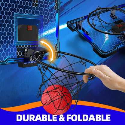 Basketball hoop wall-mounted mini set with 7 LED scoreboard lights, foldable for kids on Tampa Home & Garden Store