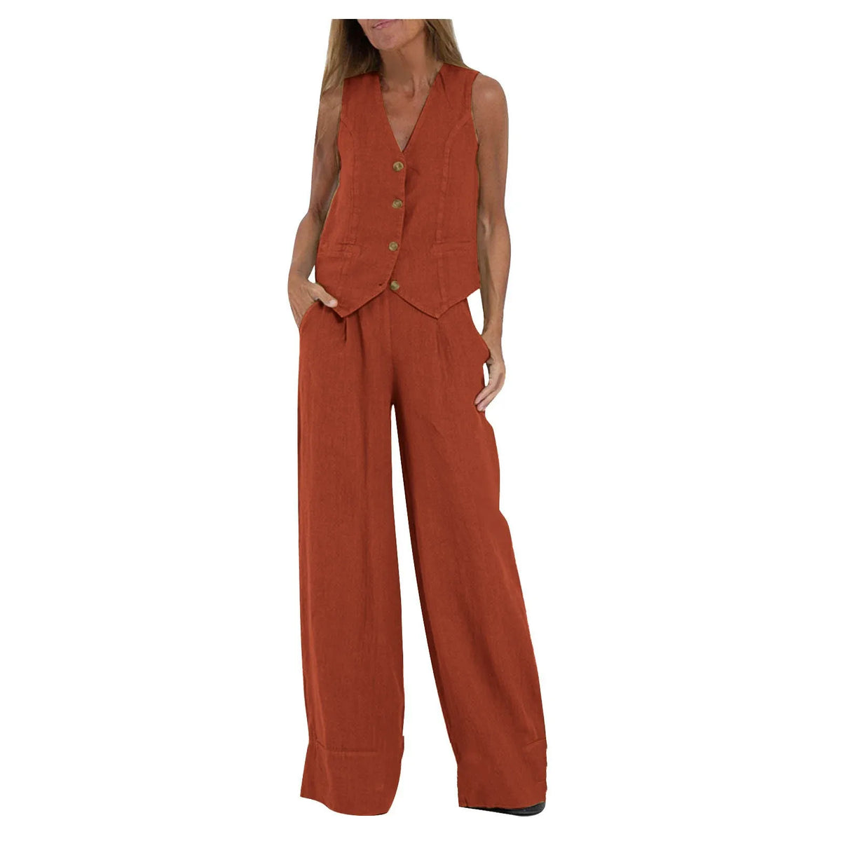 Rust orange sleeveless vest and pants set with gold buttons, two-piece by UpTrend Deals on Tampa Home & Garden Store