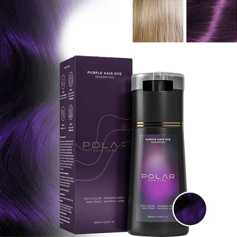 Purple hair dye shampoo bottle and box with Polar Hair Care branding, purple label and swatches, 200ml on Tampa Home & Garden Store