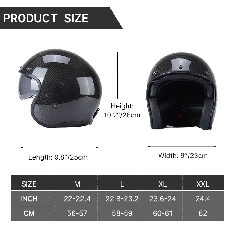 BikerZoneZ carbon fiber retro open-face motorcycle helmet with clear visor on Tampa Home & Garden Store