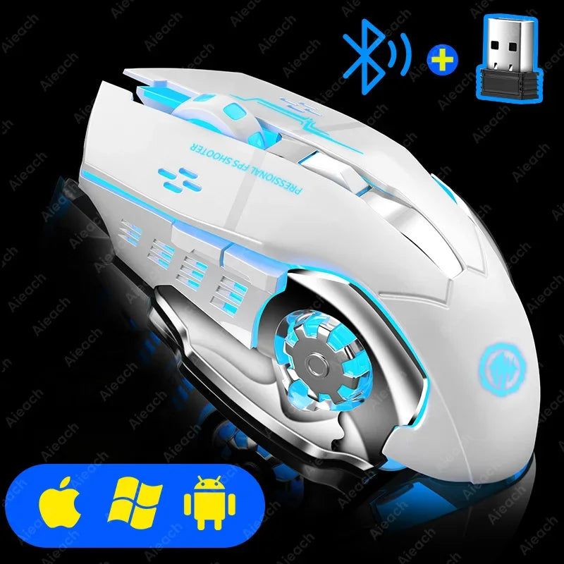 Wireless gaming mouse FLIPSTYLEZLLC, Bluetooth and 2.4G USB, white body with blue LED accents on Tampa Home & Garden Store