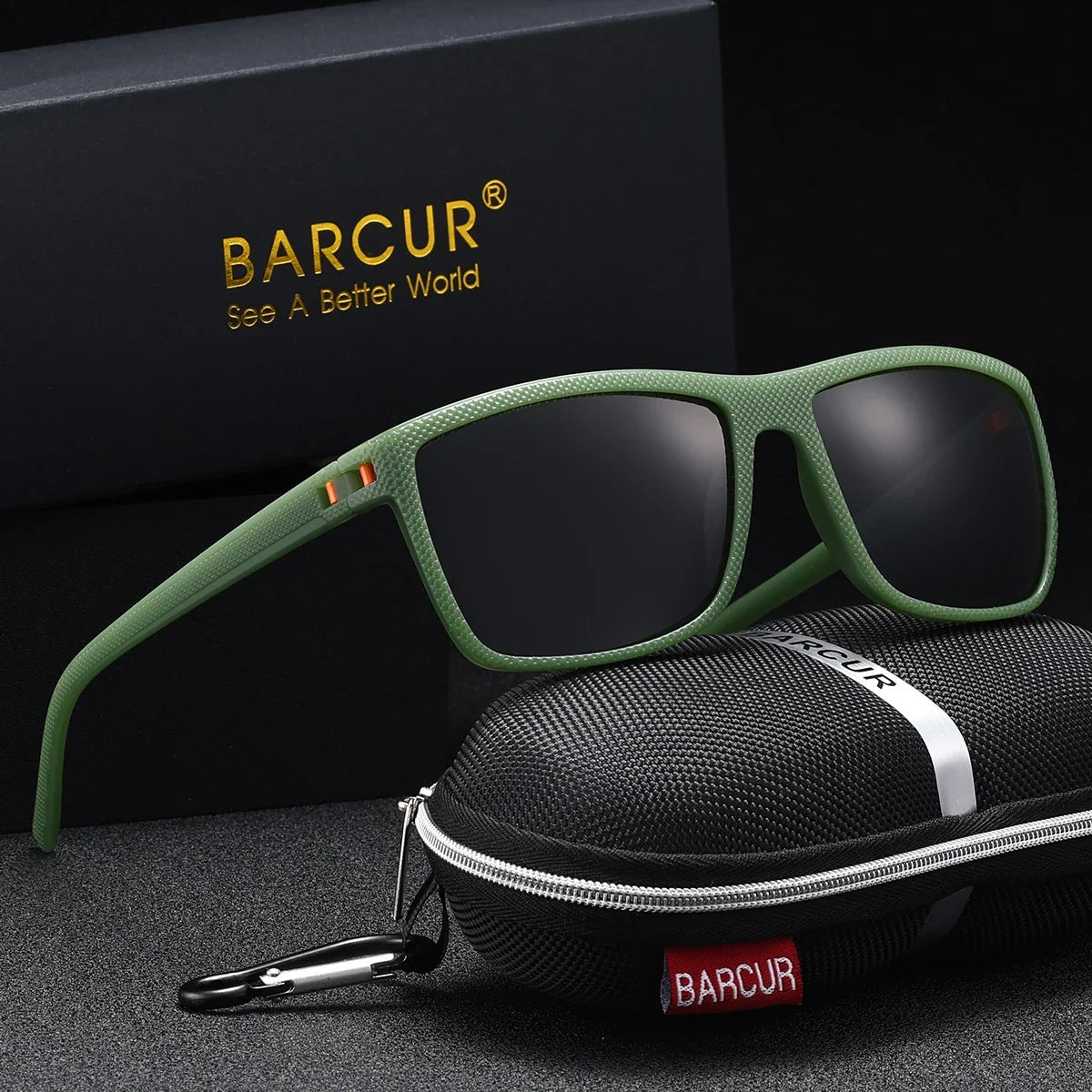 BARCUR green rectangular sunglasses with polarized UV400 TAC lenses and branded case on Tampa Home & Garden Store