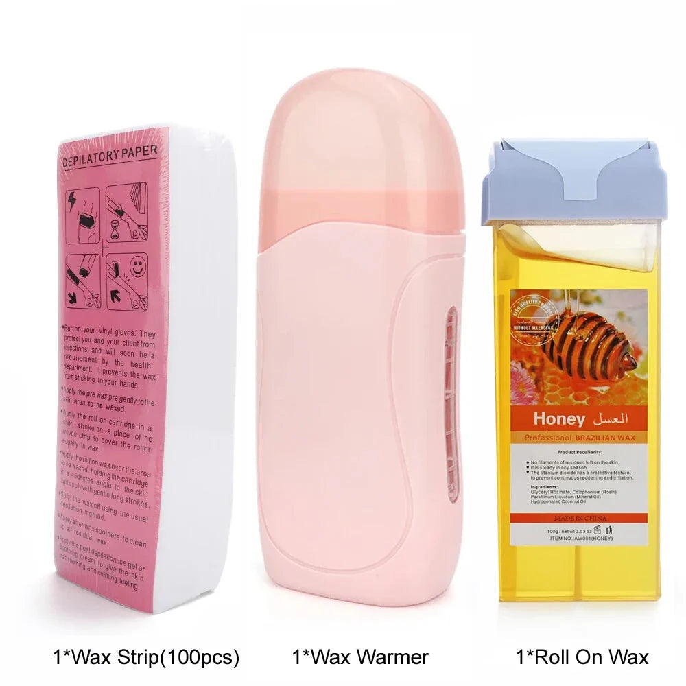 Silcy Skin Roll On Wax Kit with pink warmer and honey wax strips on Tampa Home & Garden Store