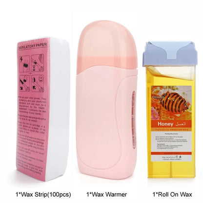 Silcy Skin Roll On Wax Kit with pink warmer and honey wax strips on Tampa Home & Garden Store
