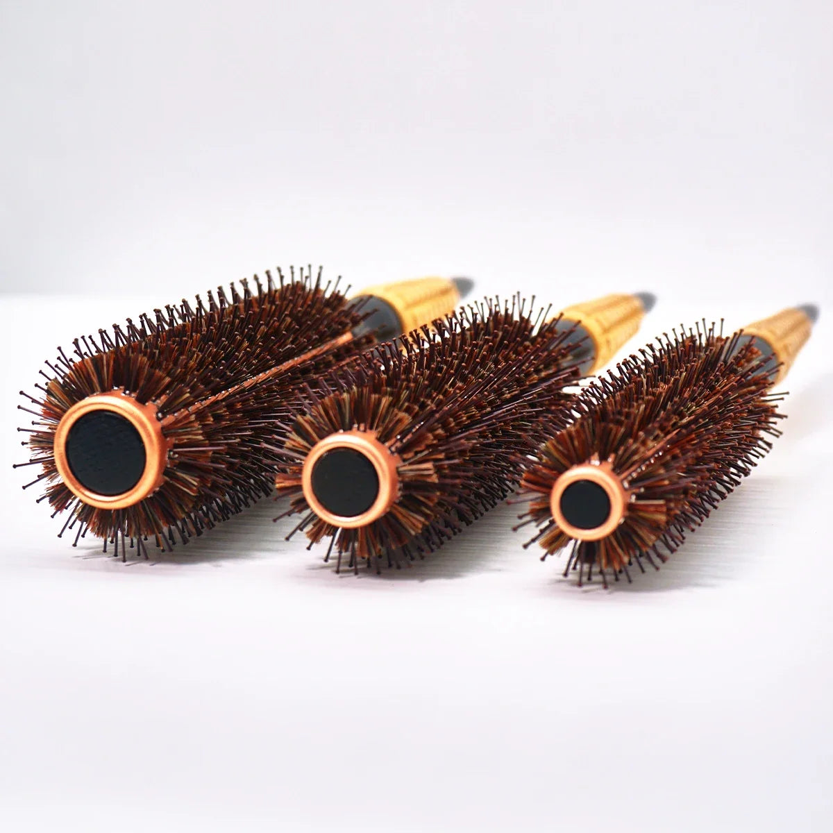 Wooden-handle boar-bristle round brush set, 3 pcs, copper ferrules, Silcy Skin on Tampa Home & Garden Store