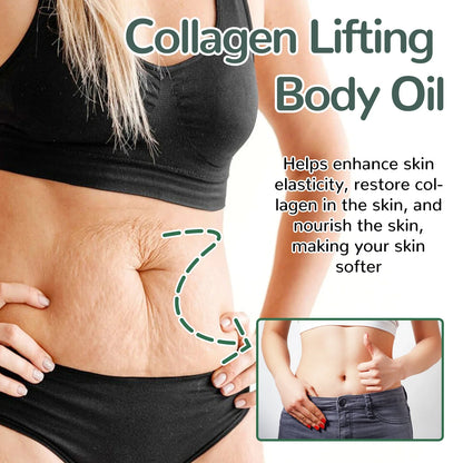 Collagen Lifting Body Oil collage with a toned midriff and rosemary formula promo text on Tampa Home & Garden Store