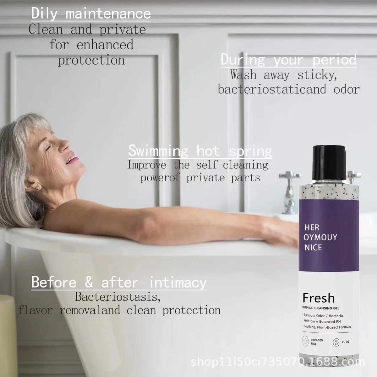 RefreshPH Balance Natural Feminine Body Wash bottle with purple label beside a bathtub on Tampa Home & Garden Store