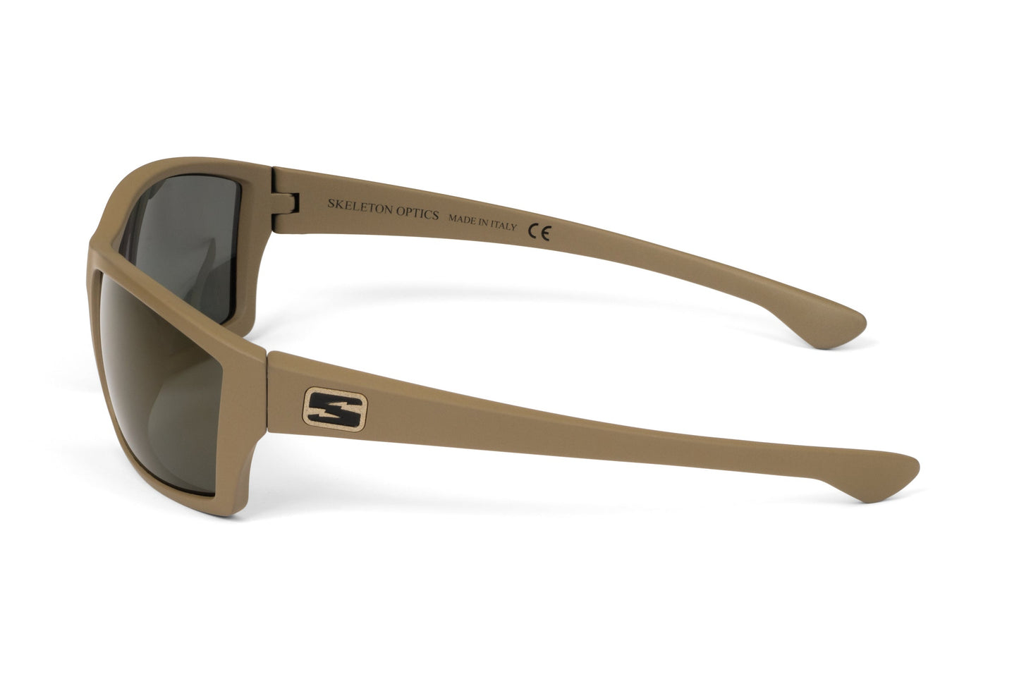Scout Black Copper Light Pro sunglasses tan frame with lenses Skeleton Optics logo on temple on Tampa Home & Garden Store