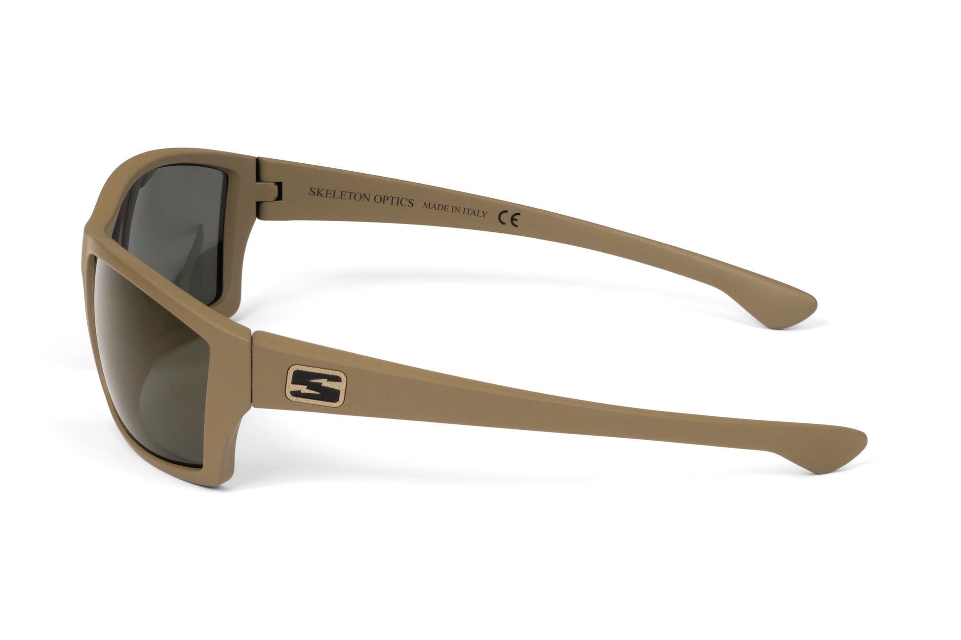 Scout Black Copper Light Pro sunglasses tan frame with lenses Skeleton Optics logo on temple on Tampa Home & Garden Store