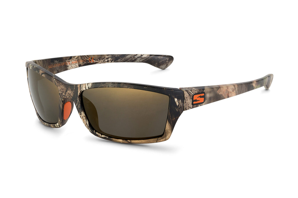 Scout Sunglasses in Mossy Oak Break-Up Country camouflage with orange Skeleton Optics logo on Tampa Home & Garden Store