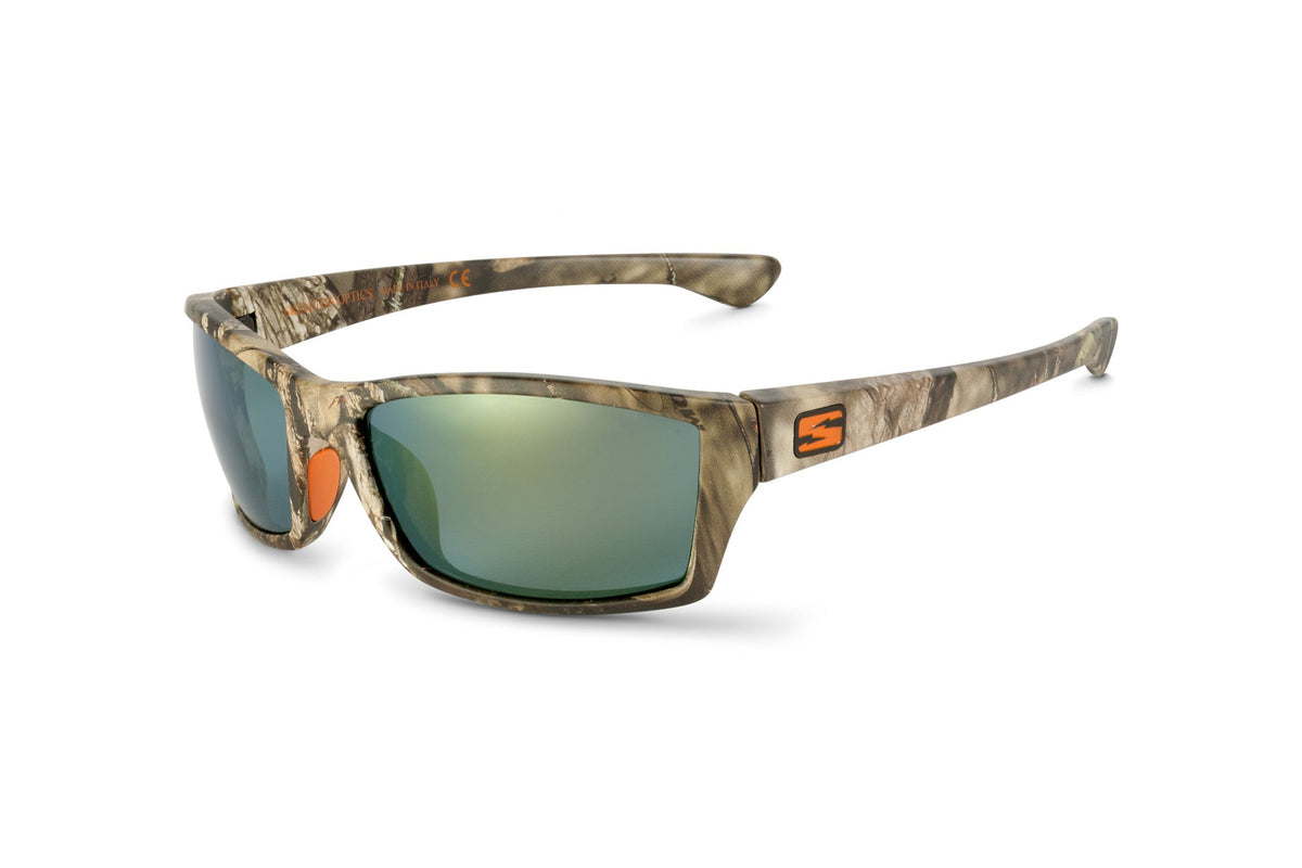 Scout sunglasses by Skeleton Optics in Mossy Oak Break-Up camo with green mirrored lenses on Tampa Home & Garden Store