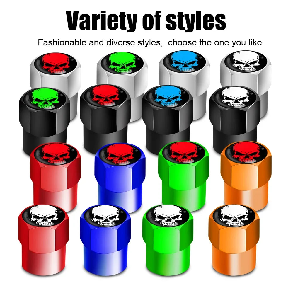 Valve stem caps set, 4 pcs, assorted colors with skull logo, BikerZoneZ tire accessories on Tampa Home & Garden Store