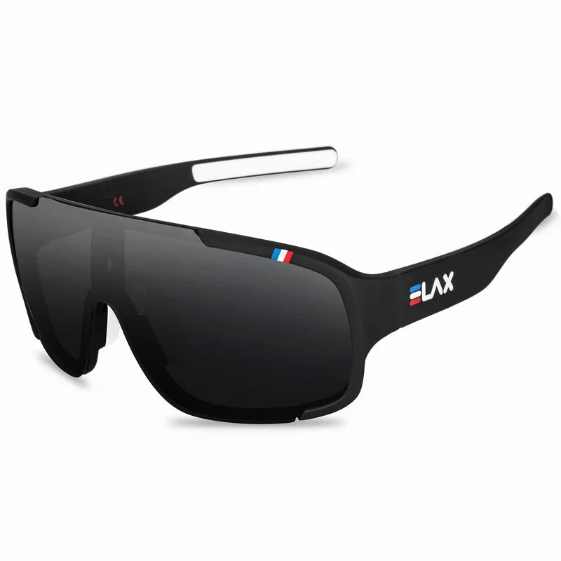 ELAX UV400 Outdoor Sport sunglasses with black wraparound frame and dark lenses logo on temple on Tampa Home & Garden Store