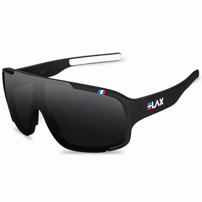 ELAX UV400 Outdoor Sport sunglasses with black wraparound frame and dark lenses logo on temple on Tampa Home & Garden Store