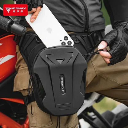 Motorcycle leg-side hard shell fanny pack in black with Motowolf logo and phone pocket on Tampa Home & Garden Store