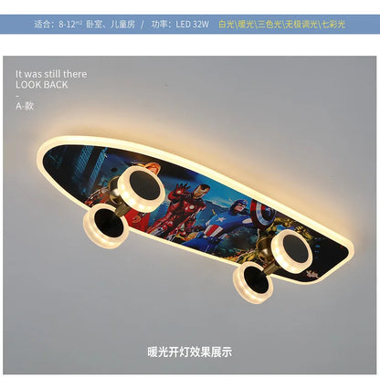 DecorBites Kids Skateboard LED Ceiling Light with white rim and superhero graphic on Tampa Home & Garden Store