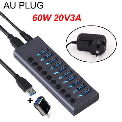 UpTrend Deals 10-port USB 3.0 hub, gray aluminum, blue ports, 60W AU power adapter on Tampa Home & Garden Store