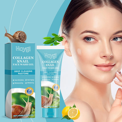 Hoygi Collagen Snail Face Wash Gel blue box and tube two items with snail image beside mint on Tampa Home & Garden Store
