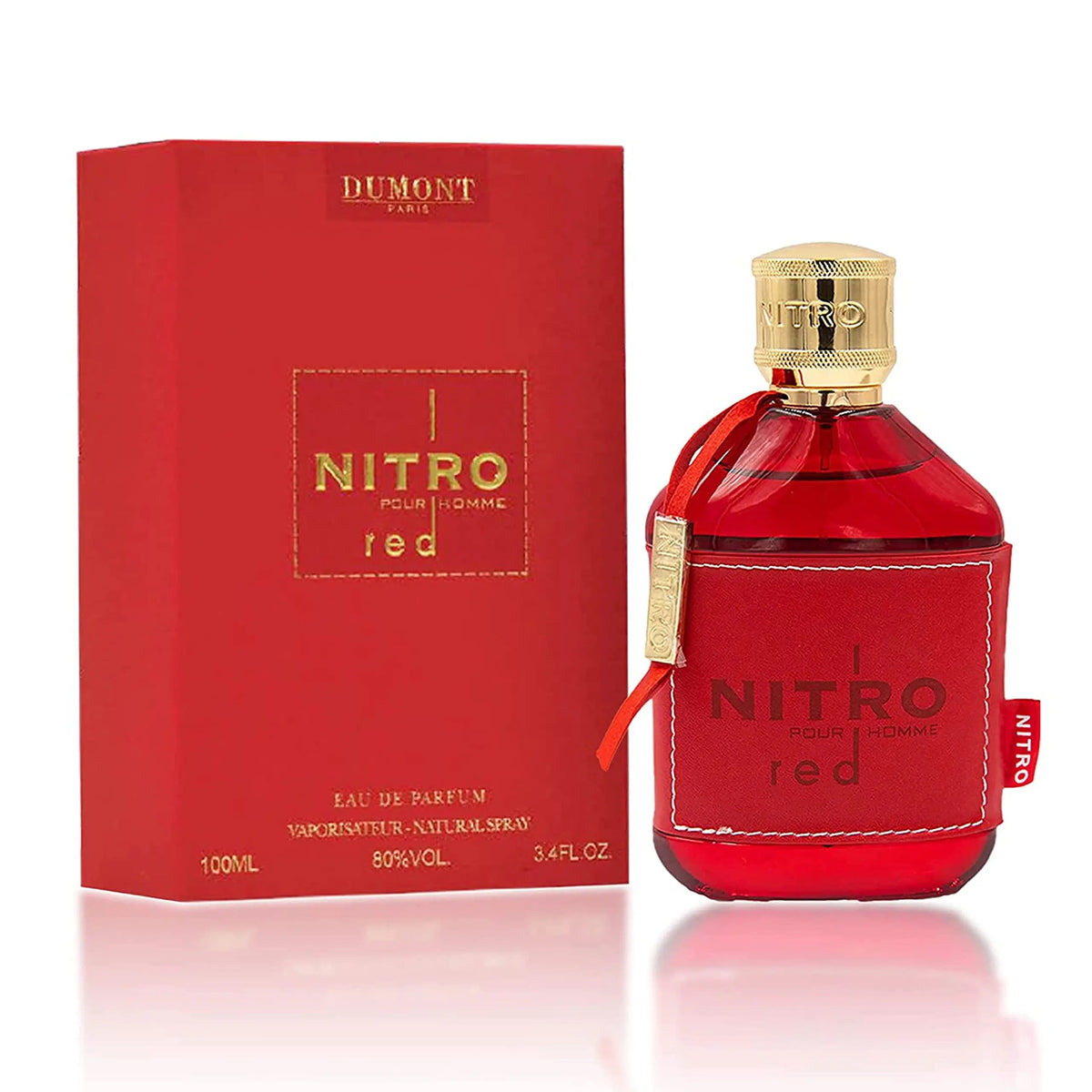 Dumont Nitro Red Eau de Parfum bottle with gold cap beside red gift box on Tampa Home & Garden Store