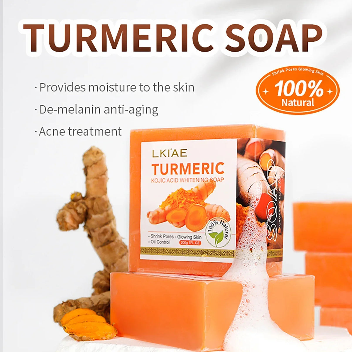 Turmeric soap bar by UpTrend Deals with kojic acid, orange packaging and turmeric roots on Tampa Home & Garden Store