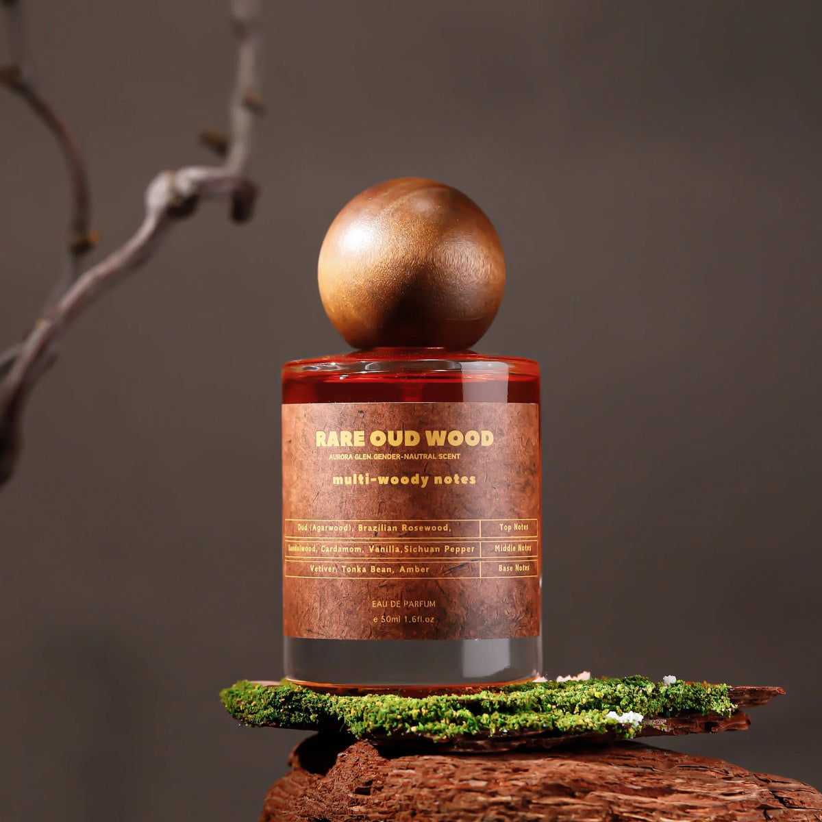Unisex perfume bottle with round wooden cap, amber glass and Rare Oud Wood label on Tampa Home & Garden Store