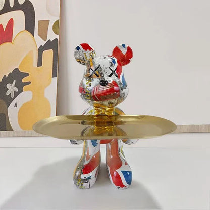 Perfecsy graffiti bear ornament with gold bow tie and keys dish, colorful decor on Tampa Home & Garden Store