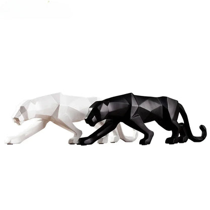 Panther statue pair in white and black, abstract geometric resin leopard figurines for home decor on Tampa Home & Garden Store