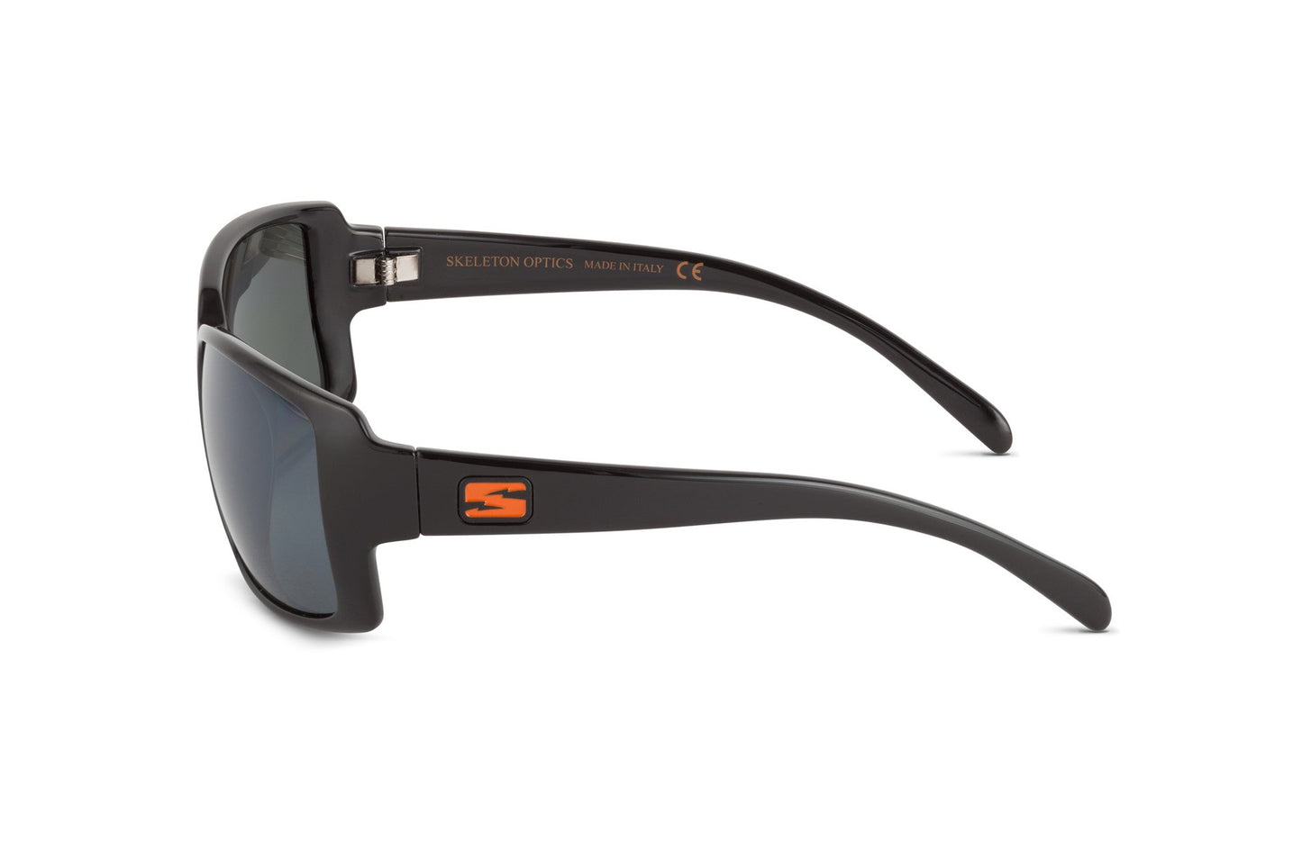 Stampede Blaze Orange sunglasses by Skeleton Optics, black frame with orange temple logo on Tampa Home & Garden Store