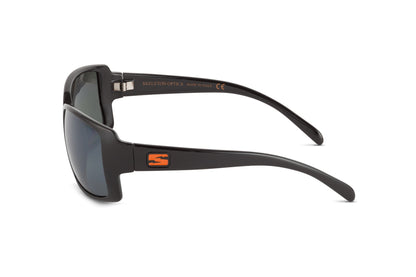 Stampede Blaze Orange sunglasses by Skeleton Optics, black frame with orange temple logo on Tampa Home & Garden Store