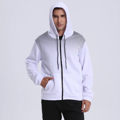 Men's zip-up hoodie white with black polka dot shoulder yoke, front pockets UpTrend Deals on Tampa Home & Garden Store