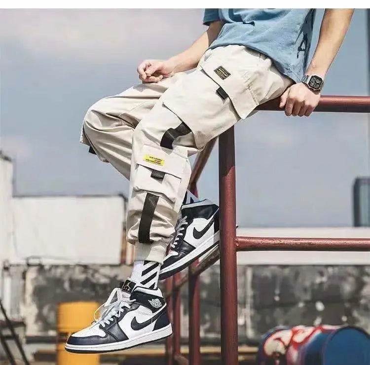 Men's cargo joggers beige cargo pants with black strap details by UpTrend Deals on Tampa Home & Garden Store