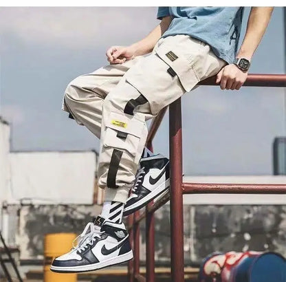 Men's cargo joggers beige cargo pants with black strap details by UpTrend Deals on Tampa Home & Garden Store