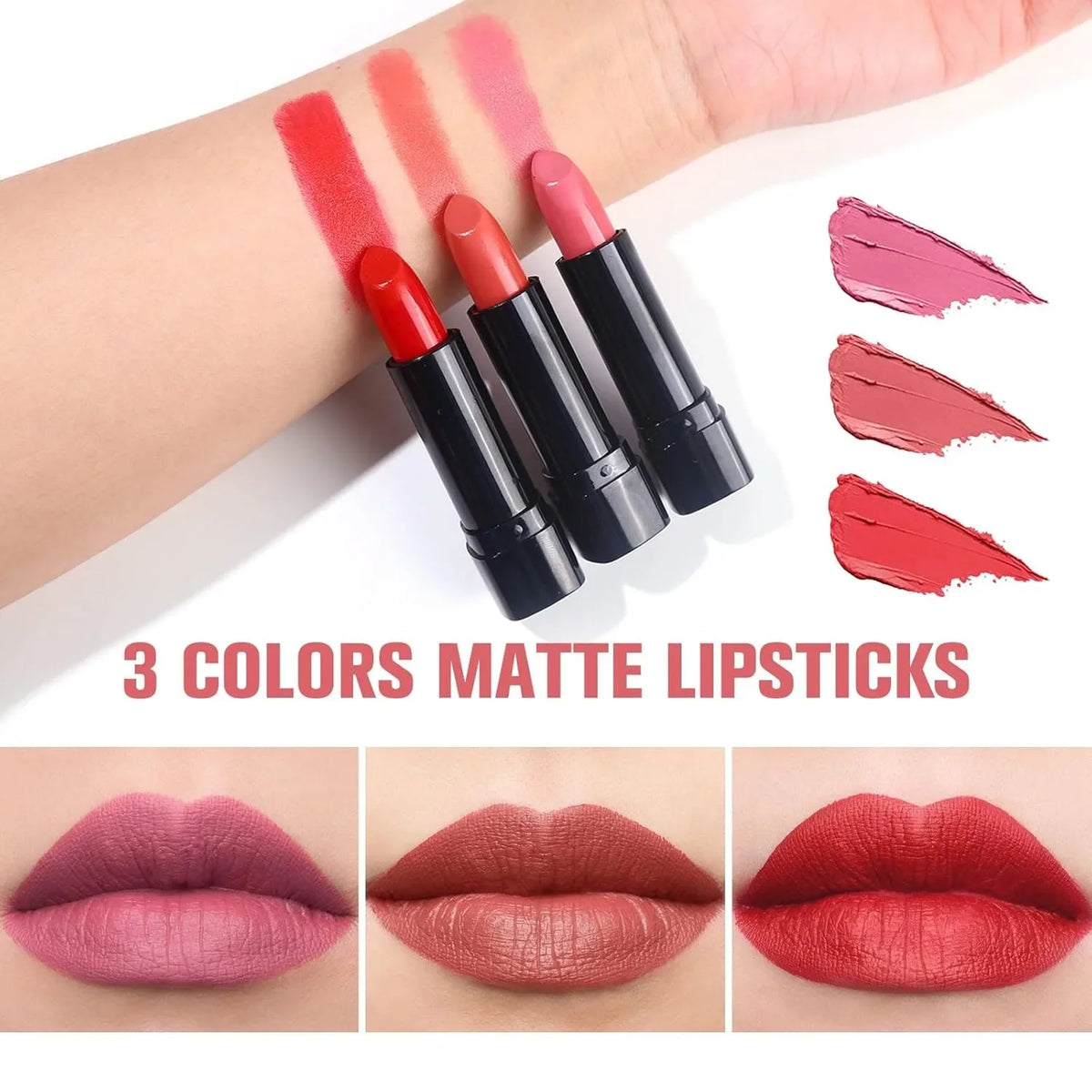 Color Spirit matte lipsticks 3-color set by Silcy Skin in red, coral, pink with arm swatches on Tampa Home & Garden Store