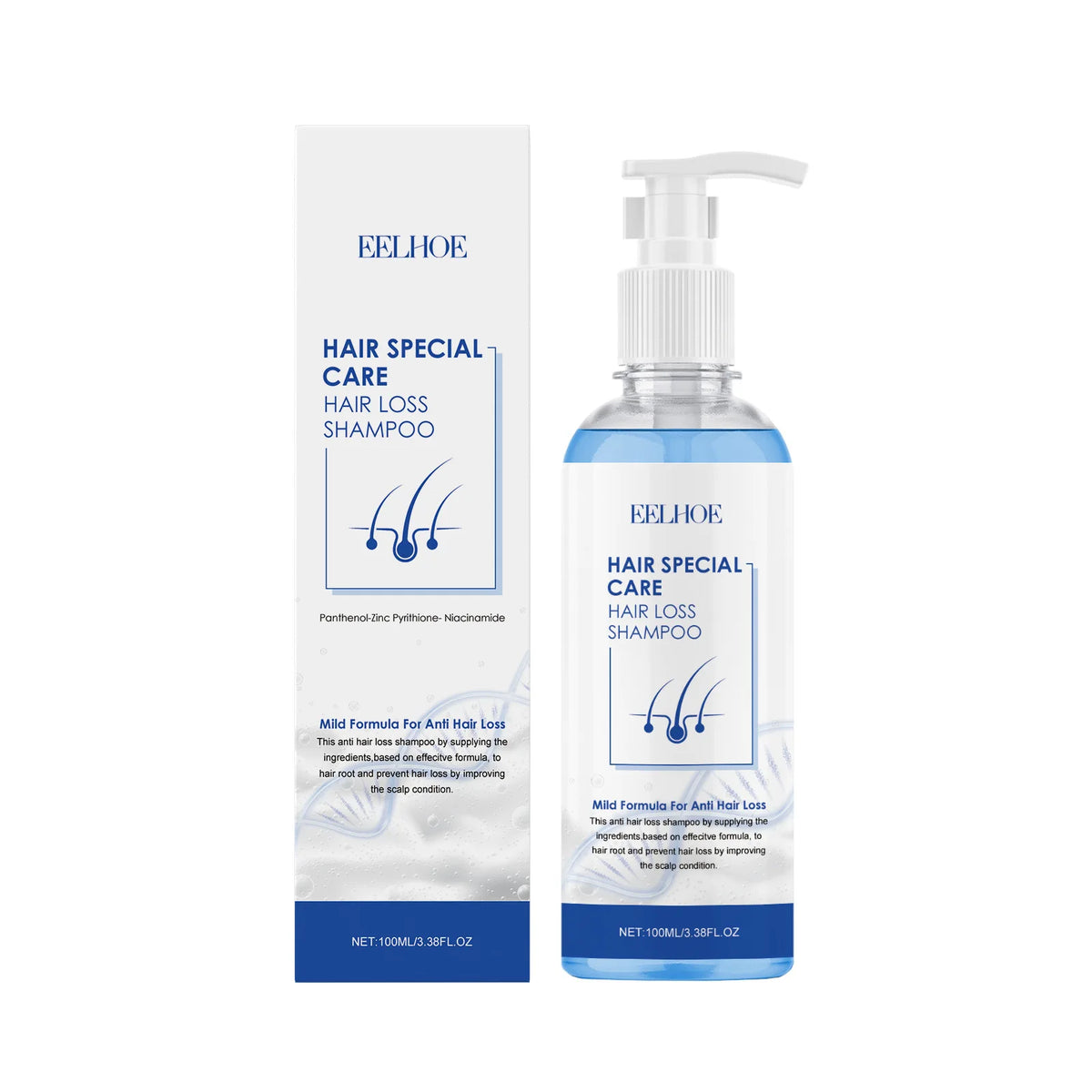 EELHOE Hair Special Care Hair Loss Shampoo bottle with pump and matching white box, blue logo, Silcy Skin brand on Tampa Home & Garden Store