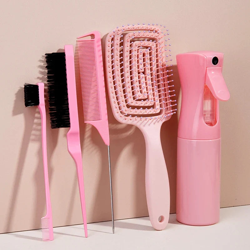 Silcy Skin pink 5-piece hair styling set with massage brush, hollow-out comb, spray bottle on Tampa Home & Garden Store