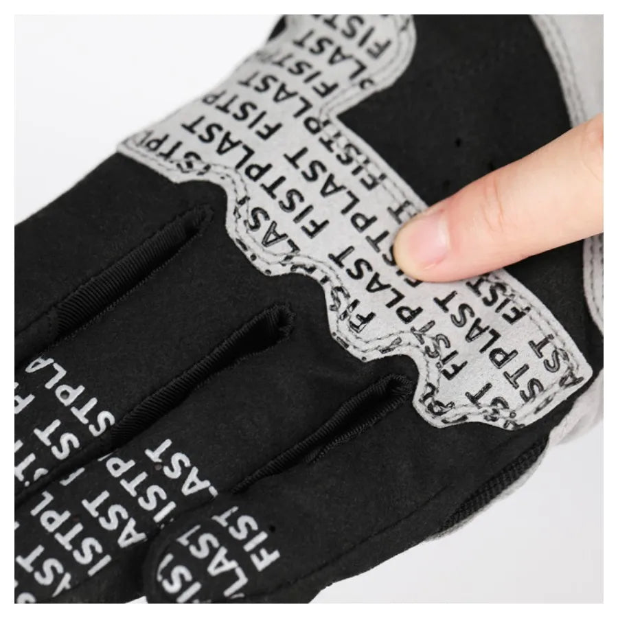 Motorcycle gloves in black with white text-printed strap detail and breathable fabric on Tampa Home & Garden Store