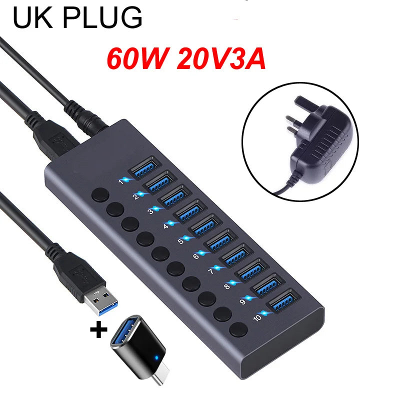 10-port USB 3.0 hub docking station UpTrend Deals with 60W power and UK plug blue USB 3.0 ports on Tampa Home & Garden Store