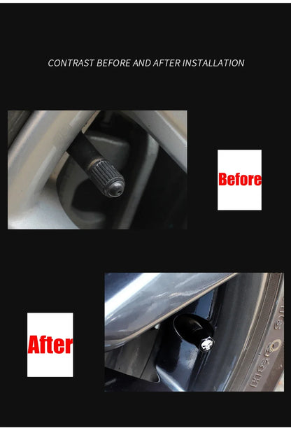 Anti-Theft Skull valve caps by BikerZoneZ, black skull design shown in before/after (2 caps) on Tampa Home & Garden Store