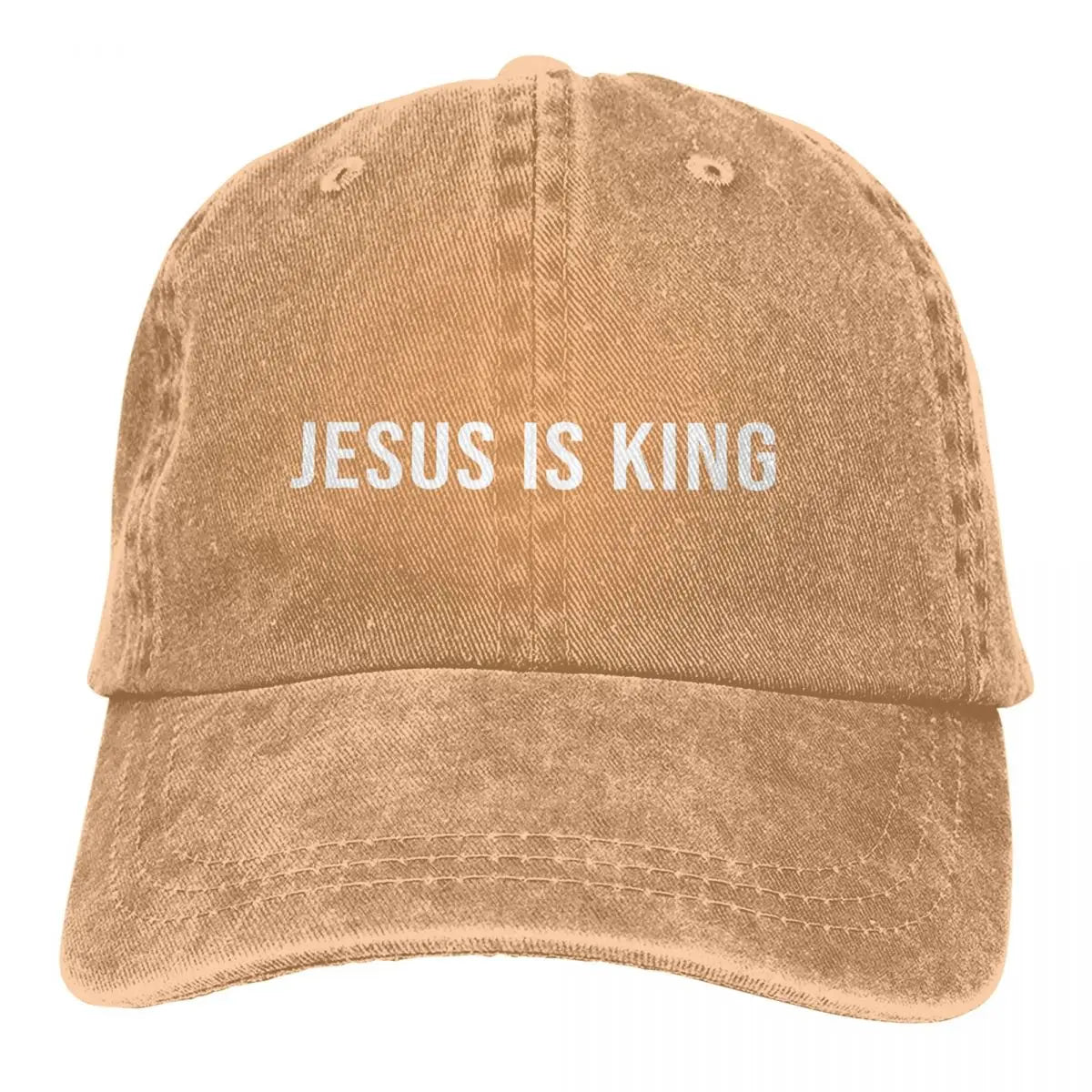 King Caps tan distressed baseball cap with JESUS IS KING white print on Tampa Home & Garden Store