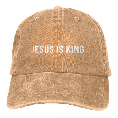 King Caps tan distressed baseball cap with JESUS IS KING white print on Tampa Home & Garden Store